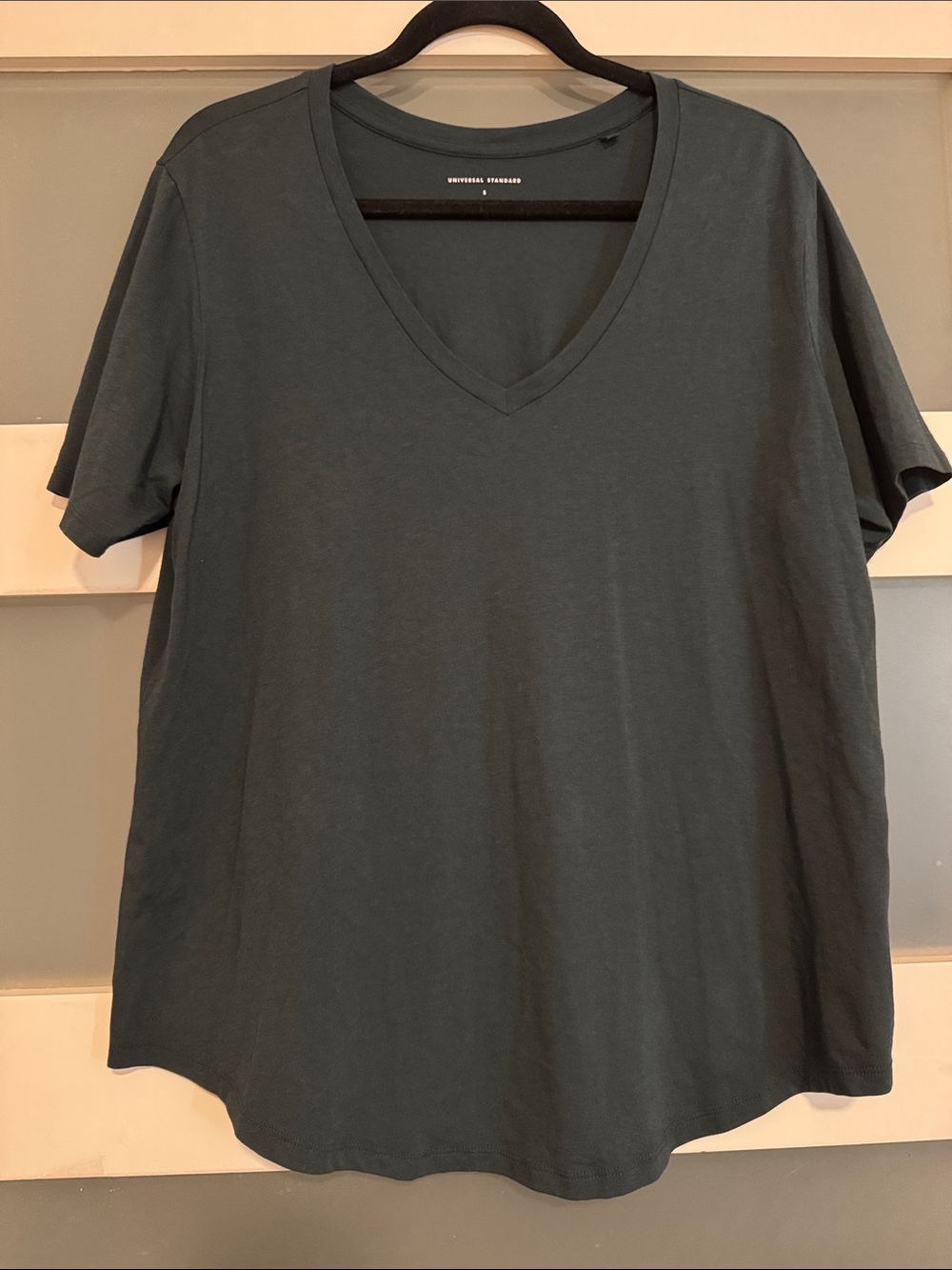 Universal Standard V-Neck Short Sleeve Tee in Deep Sea Light-As-Air Tee Rex